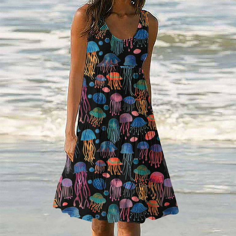 Fafwyp Women's Summer Sleeveless Tiered Dress Cute Print Round Neck Mini Sundresses Casual Loose Flowy Beach Boho Dress, Size: XL
