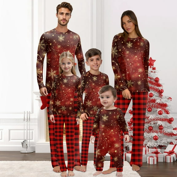 Onlypjs Family Christmas Pajamas Matching Sets for Men, Women and Couples – Red & Gold Firework Print Tops with Red Plaid Pants