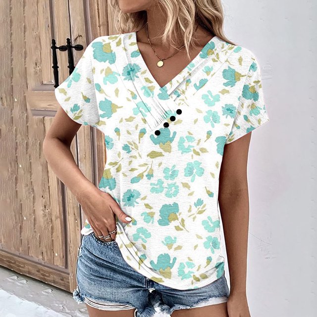 Fiudx Liquidación de Ofertas Flash Top Informal de Primavera y Verano de Manga Corta con Cuello En V para Mujer