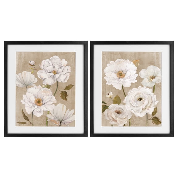Stupell Industries White Blooms over Neutral 2 Piece Black Framed Print Under Glass Set, design by Carol Robinson