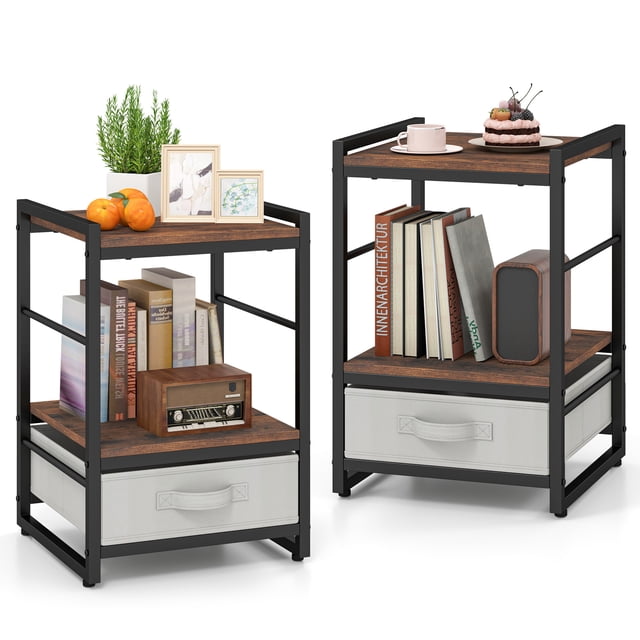 Gymax 2 PCS Nightstand Industrial Bedside Table w/ Open Storage Shelf & Fabric Drawer