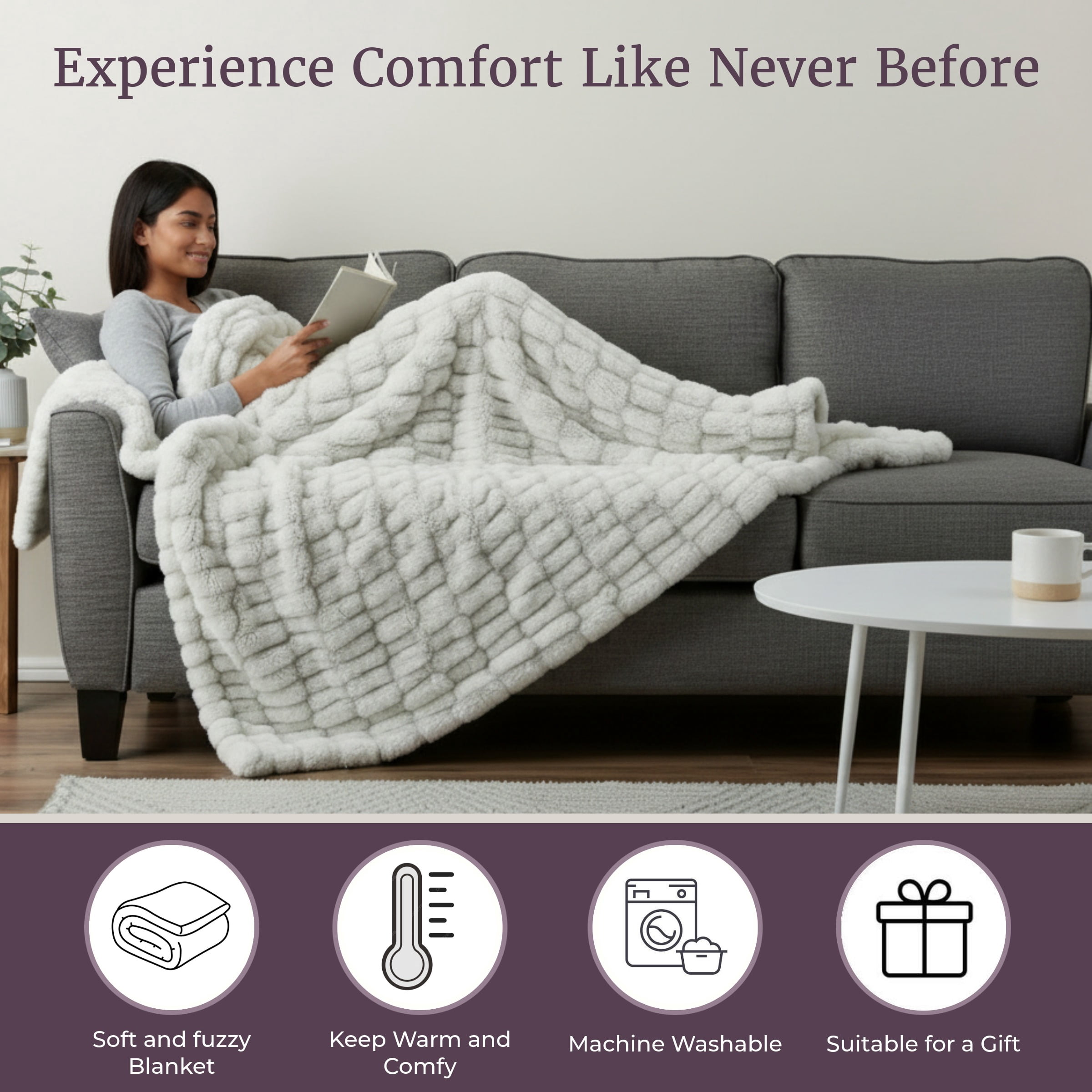 Lavish Home 60x80 Ruched Jacquard Faux Fur Blanket for Sofas and Beds, Gray