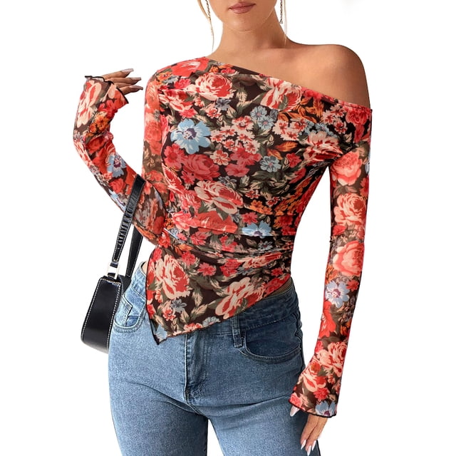 Blusa PRETTYGARDEN 2025 Hombros Descubiertos Tie Dye Floral Talla L