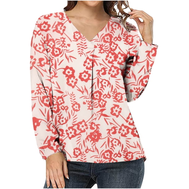Camisas Para Mujer Moda Casual Estampado Con Cuello en V Suelta Camiseta de Manga Larga Top Blusa Jersey Odeerbi ODB124131