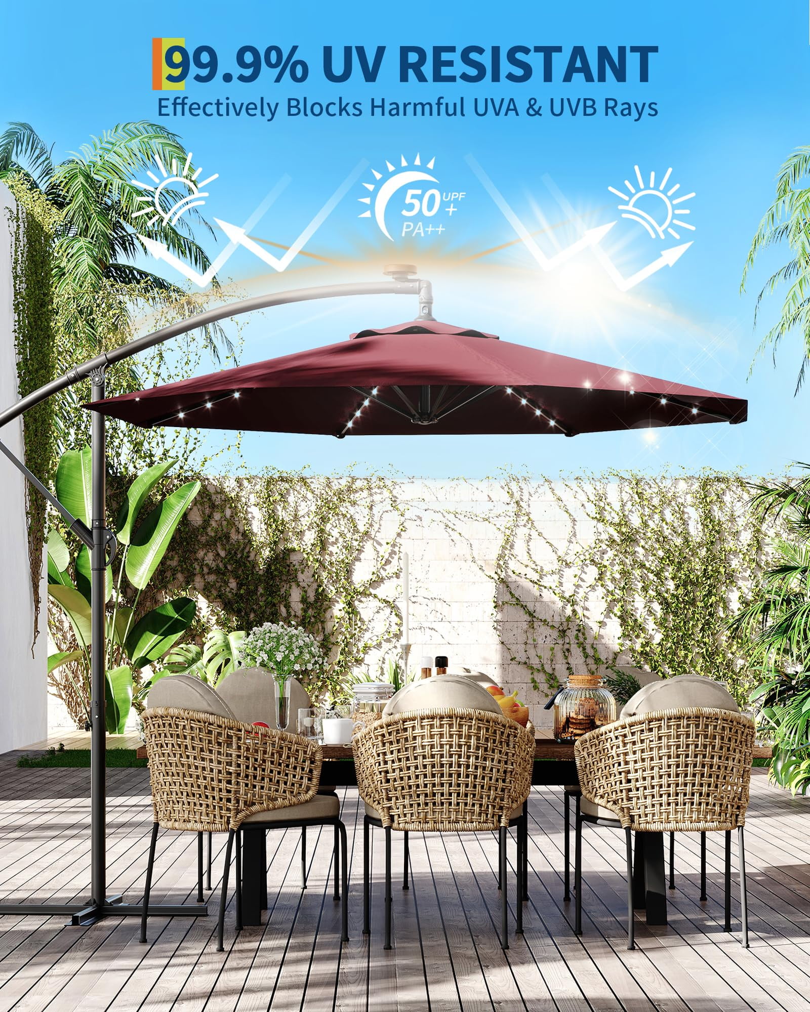 10ft Solar LED Offset Hanging Market Patio Umbrella for Backyard, Poolside, Lawn and Garden w/Easy Tilt Adjustment, UV Protection, Sturdy 8 Ribs - with 32 LED Lights
