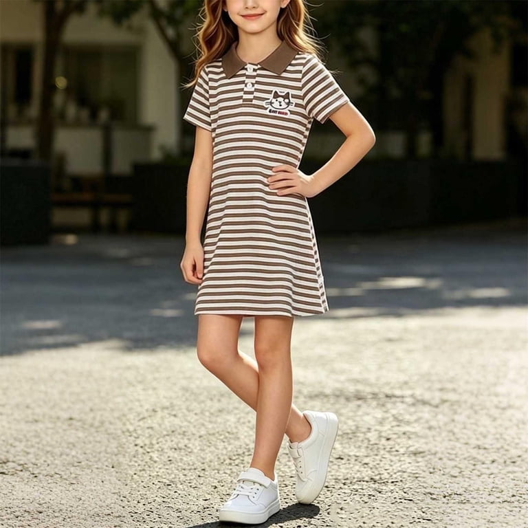 ATOGUTA Dress For Girls Summer Short Sleeve Ruffle A Line Cute Vacation Beach Mini Tshirt Dress Size 0-12, Brown