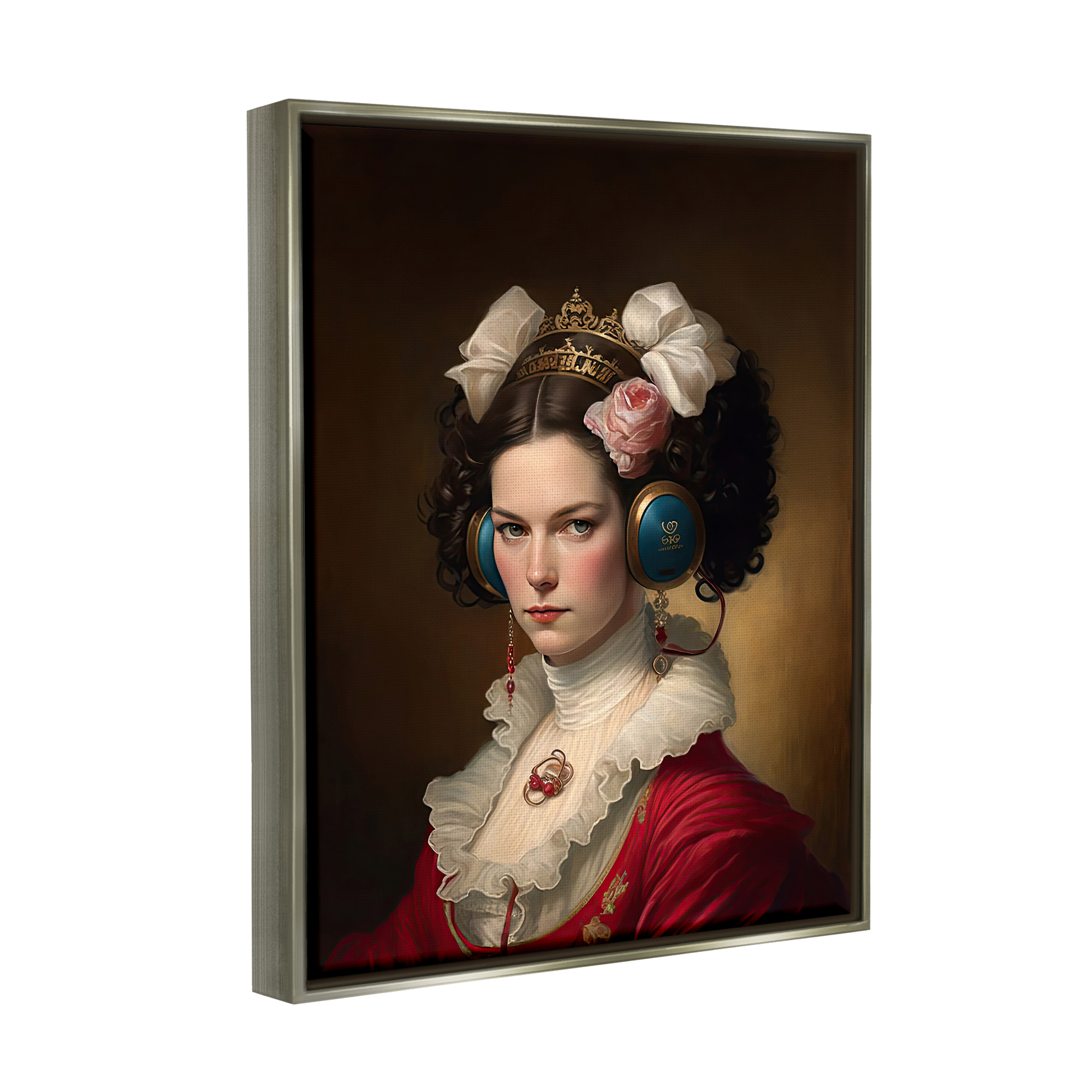 Stupell Industries Classic Girl Wearing Headphones Beauty & Fashion Painting Gray Floater Framed Art Print Wall Art, 17 x 21