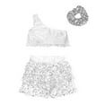 thumbnail image 3 of TiaoBug Kids Girls Sequins Dance Outfits Single Shoulder Crop Top Metallic Layered Skirt with Headwear set Silver 16, 3 of 7