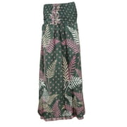 Mogul Women's Maxi Skirt Green Vintage Silk Sari Smocked Waist Divided Skirts