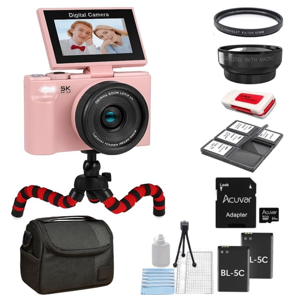 Acuvar 5K 75MP HD Digital Camera for Photography Vlogging Camera for YouTube 180° Flip Screen 18X Zoom Video Camera with WiFi 64GB SD Card Tripod Case Card Reader Macro Wide Angle Lens UV Filter Pink