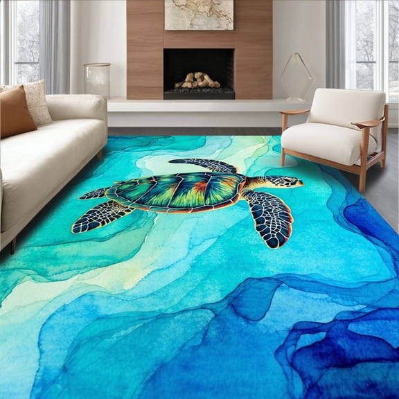 ODIKA 4'x6' Machine Washable Non-Slip Area Rug, Ocean Dream Bath Shells Marine Life High Traffic Rug, Blue, 59666