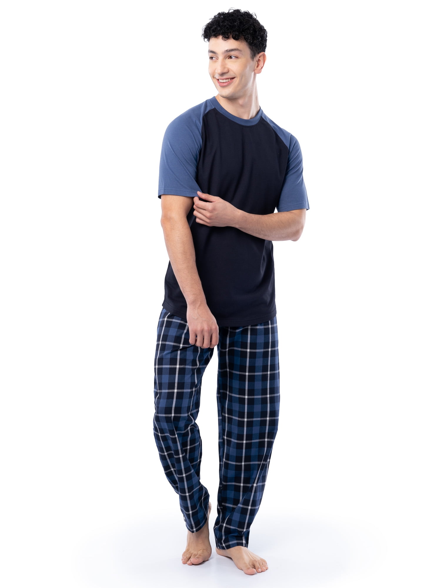 Fruit of the Loom Men's Raglan Short Sleeve T-shirt and Plaid Pajama Sleep Pant Set, Sizes S-2XL