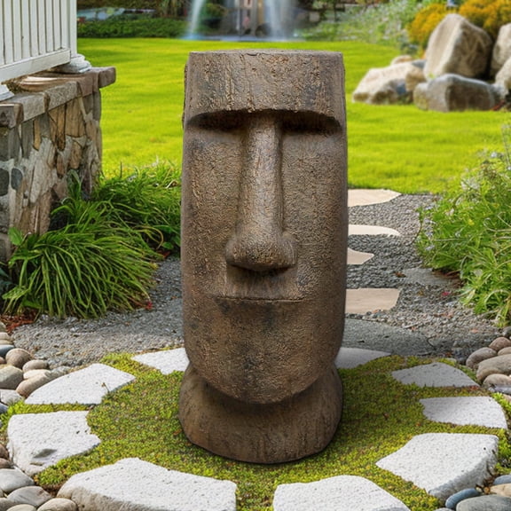 Concrete Easter Island Head Statue - 35.6" Tall Moai Head Sculpture for Patio and Garden Decor