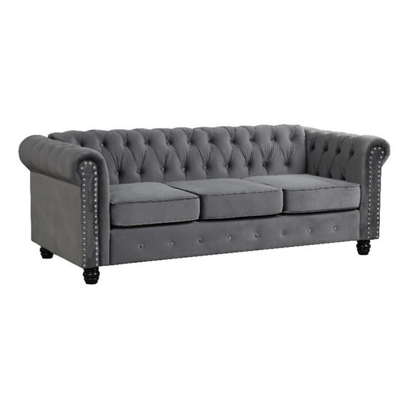 Pemberly Row Chesterfield Button Tufted Velvet Fabric Living Room Sofa in Gray
