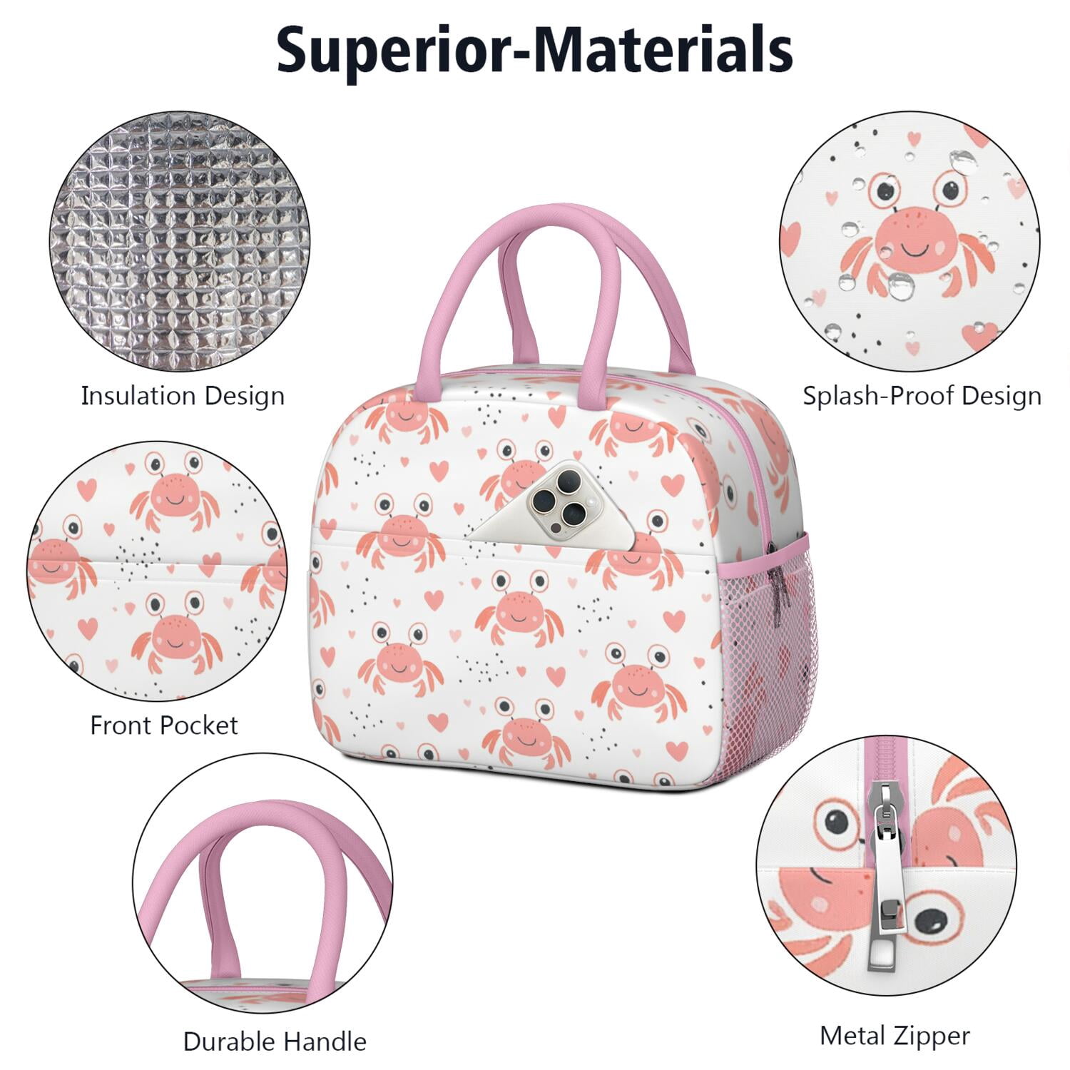 Insulated Lunch Tote Lunch Box for Women Men,Marine Adorable Crab Zipper Closure Lunch Tote Small Leakproof Beach Picnic Cooler Tote Bag with for Work Picnic Camping