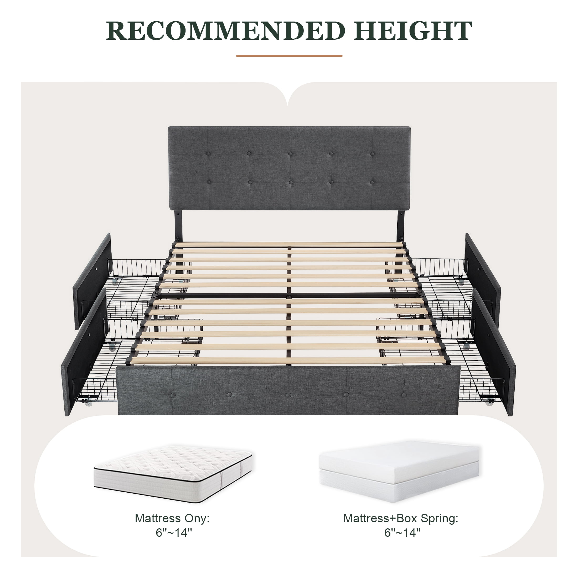 Amolife Queen Size Platform Bed Frame with Square-stitched Headboard and 4 Drawers, Dark Gray