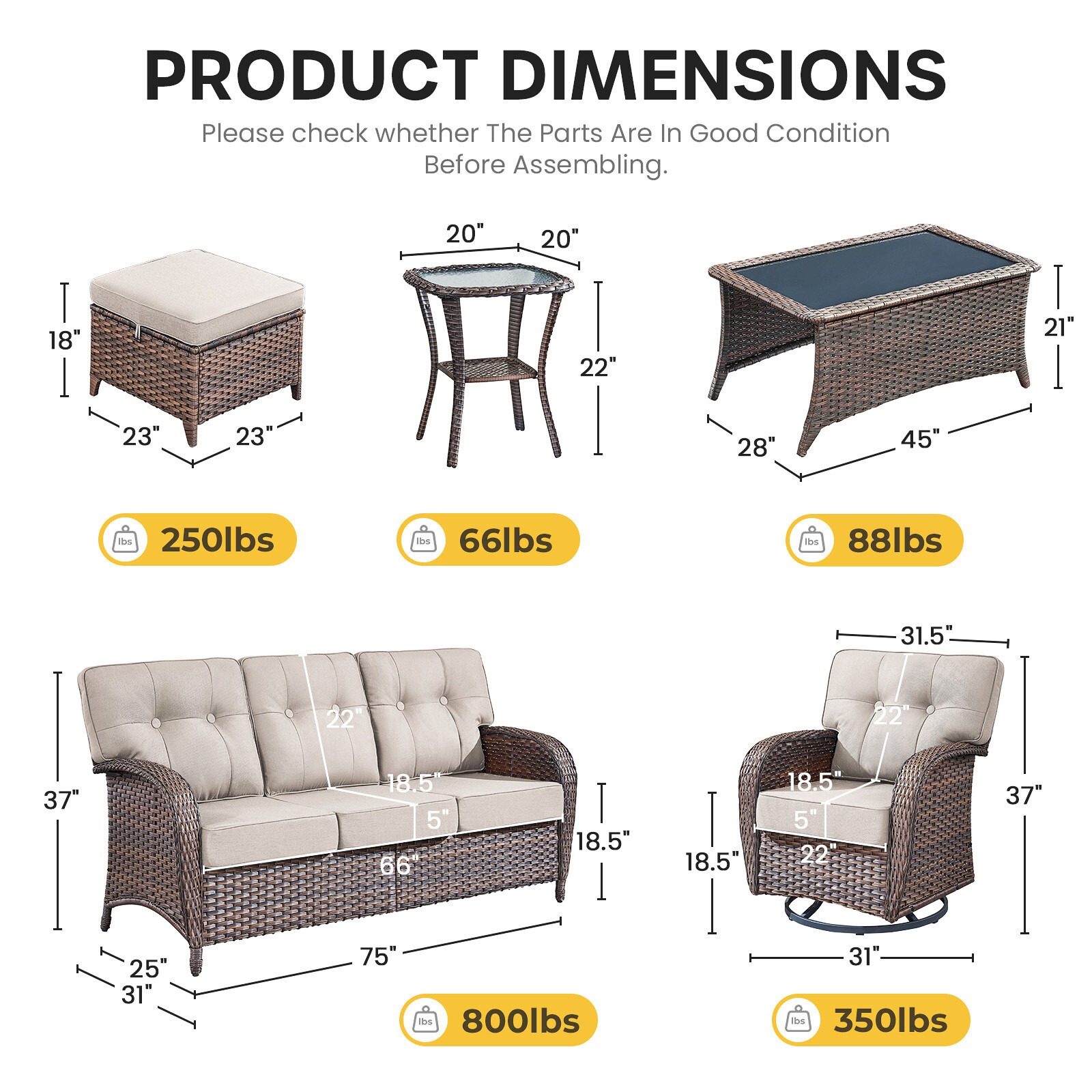 Bellefurn Luxury 5 Piece Outdoor Furniture Set with Swivel Glider Chairs,Sofa and Coffee Table,High Back Outdoor Conversation Sets for Porch Deck Garden Backyard