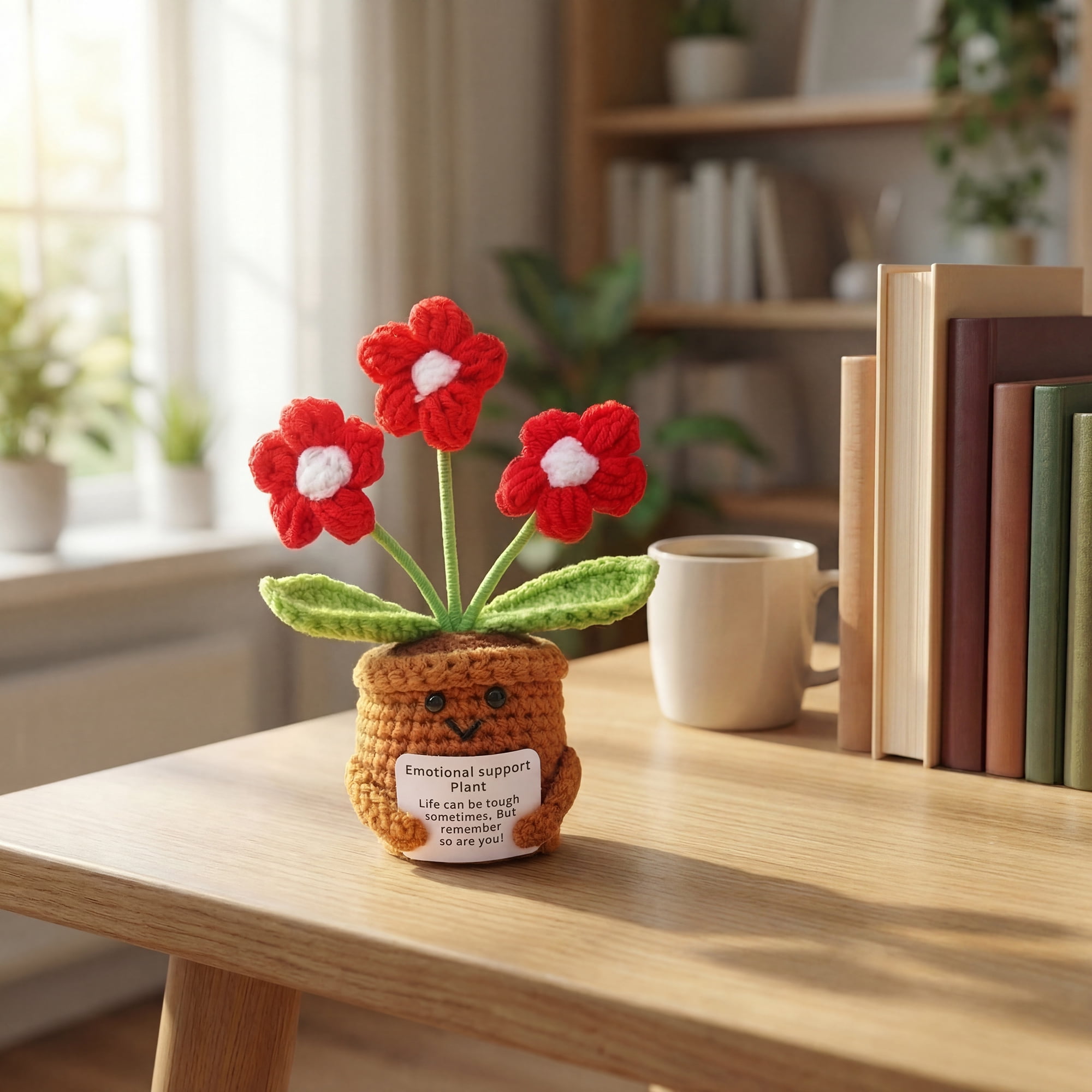 Unique Bargains 2Pcs Handmade Crochet Potted Knitted Plant Small Yellow Flowers Red 4.3in