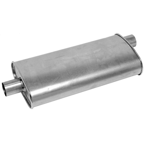Dynomax Exhaust Muffler 17718 Thrush Turbo; Single 2-1/2 Inch Diameter Offset Inlet; Single 2-1/2 Inch Diameter Center Outlet; 20 Inch Body/25 Inch Overall Length