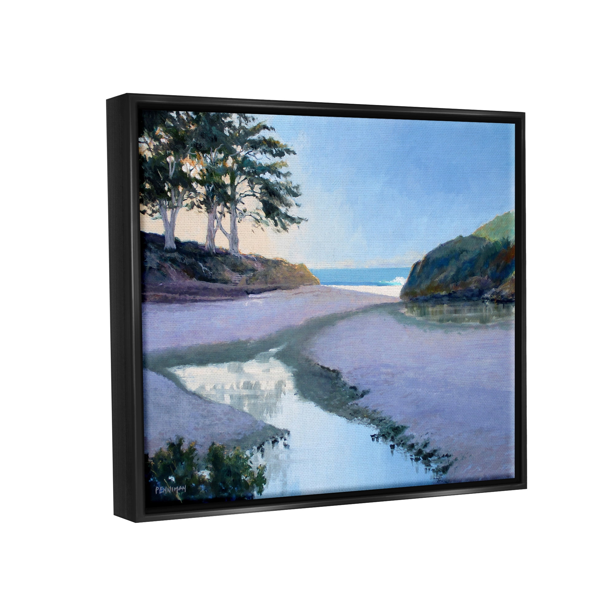 Stupell Seaside Riverbank Beach Shore Landscape Painting Black Floater Framed Art Print Wall Art