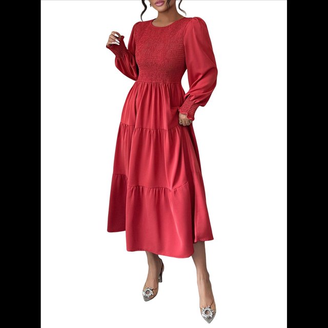 Vestido de Otoño para Invitada de Boda, con Mangas Largas, Volantes, Cuello Redondo, y Fluido. Rojo Óxido L