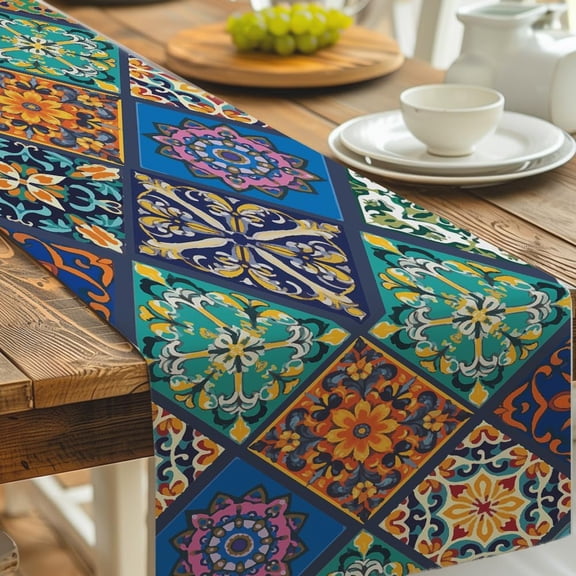 Colorful Bohemia Table Runner 13x72inch Polyester Vintage Farmhouse Table Runners Tartan Seasonal Kitchen Dining Table Decoration for Party Kitchen Dining Coffee Table Bedroom Indoor Outdoor