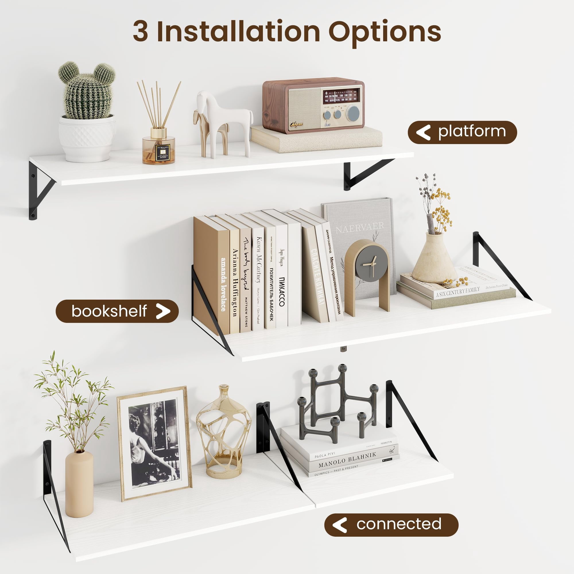 Set of 2 White Floating Shelves, 16x12 Inch Large Wall Shelf with Sturdy Metal Brackets for Living Room, Bedroom, Bathroom & Kitchen