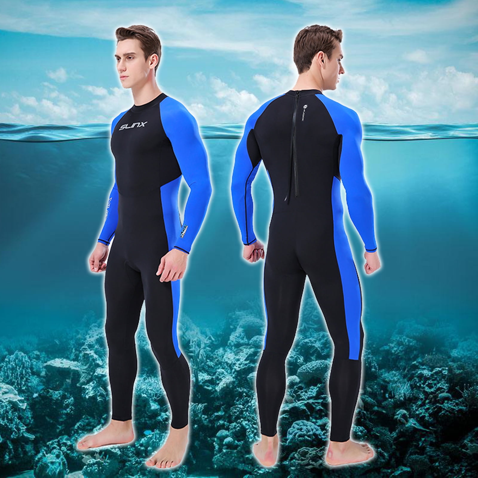 MEN WetSuit Full Body suit Super stretch Diving Suit Swim Surf Snorkeling Blue 