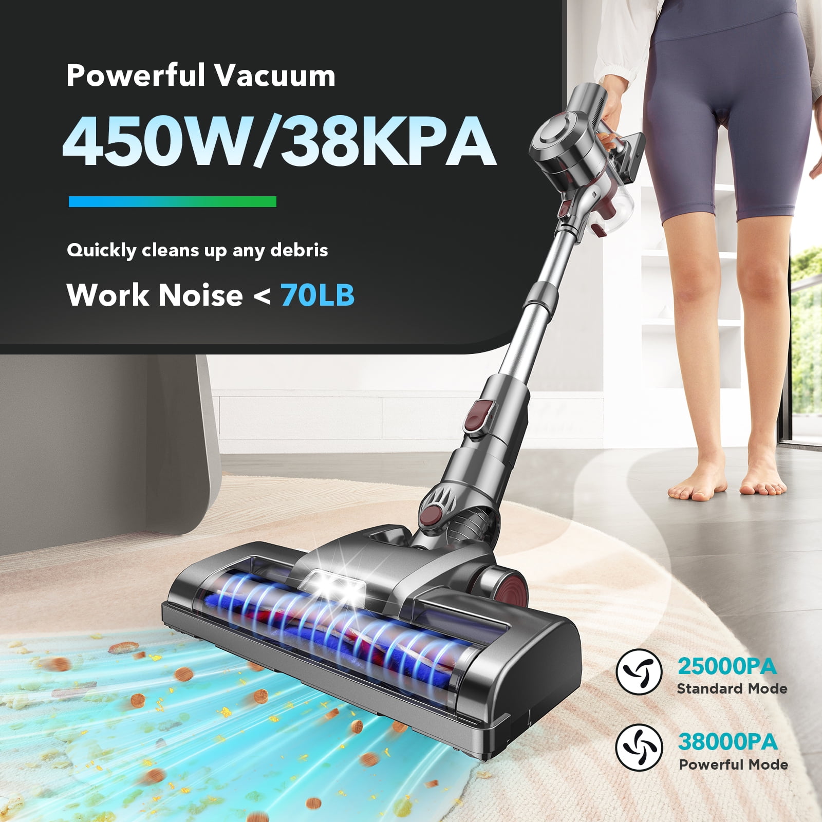 KANFUAQ Cordless Vacuum Cleaner, 38KPA/450W 50Min 2500mAh Stick Vacuum for Home Pet Hair Carpet Hardwood Floor