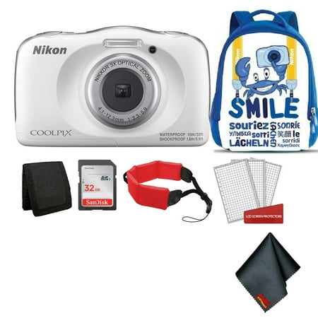 Nikon Coolpix W150 Kid-Friendly Rugged Waterproof Digital Camera (White) Bundle with Blue Backpack + 32GB SanDisk Memory Card + More (Intl