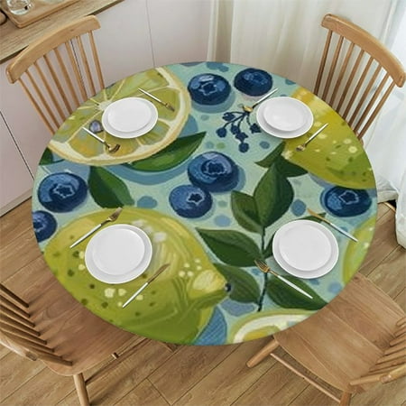 

Lemon Blue Berries Floral Fitted Round Tablecloth Waterproof Table Cloth with Elastic Edge Wipe Clean Table Cover for Indoor Outdoor