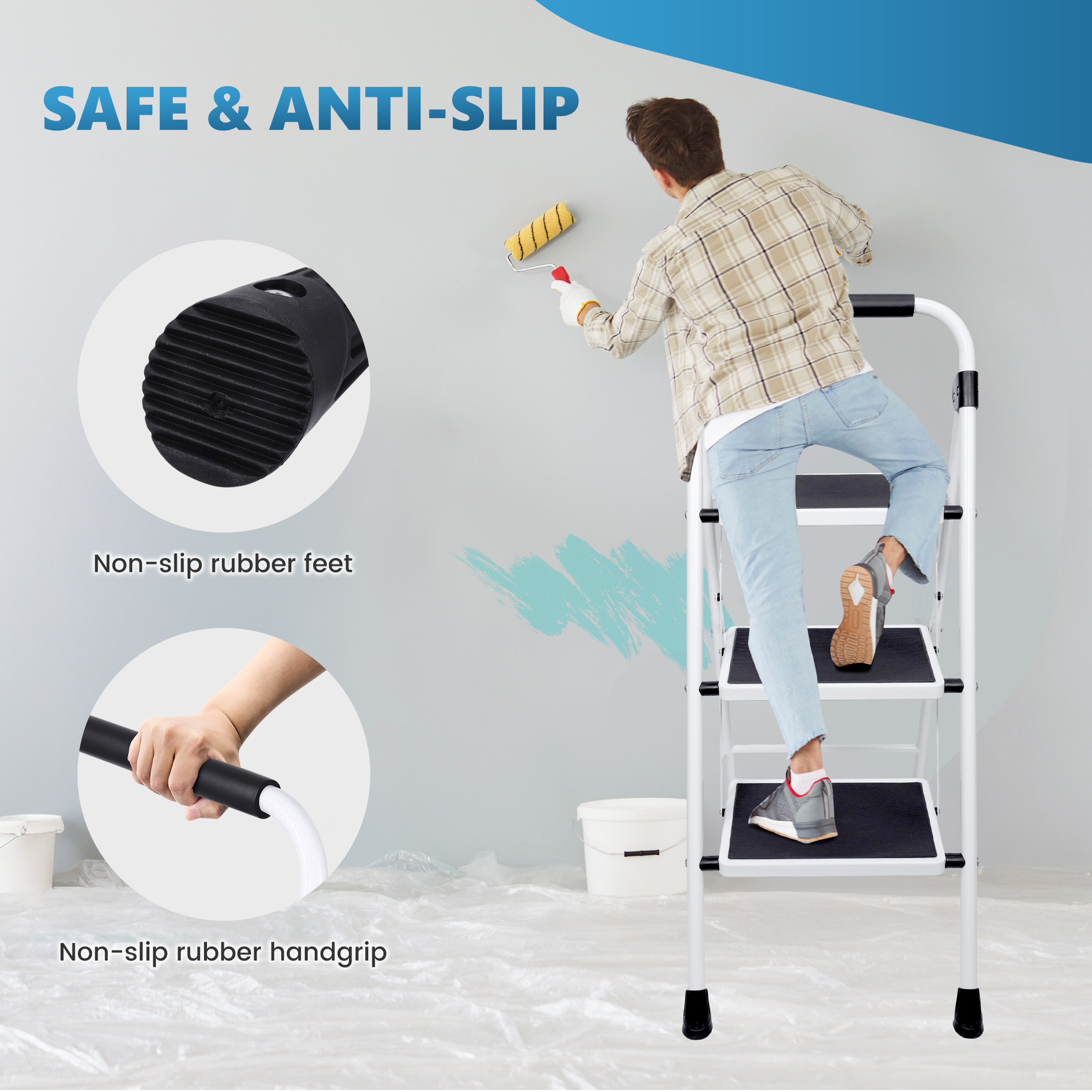 Jioabl 3-Step Heavy Duty Steel Ladder, 36 Inches, Black and White photo 6