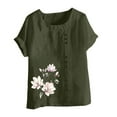 thumbnail image 4 of Olyvenn Cotton Linen Tops for Womens 2025 Crewneck Roll Up Short Sleeve Tshirt Trendy Floral Print Casual Loose Fitted Blouse Army Green S, 4 of 4