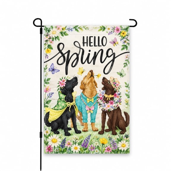 Decorative Garden Flag 12 x 18 Inch with Dogs in Spring Floral Design, "Hello Spring" Text, Perfect for Yard, Lawn, Patio, or Porch Outdoor Decor