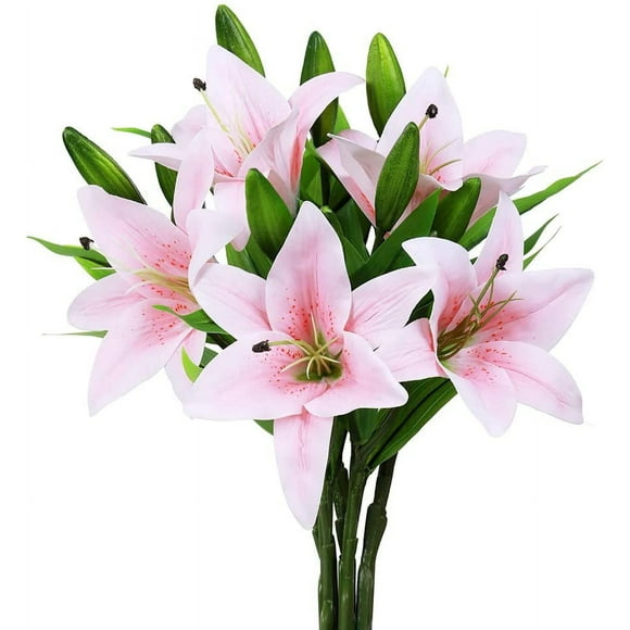 Namzi Artificial Flowers Tiger Lily Real Touch Fake Flowers for Wedding Home Party Garden Shop Office Decoration Plastic Lily 5 Bouquets Faux Flowers. (Pink)