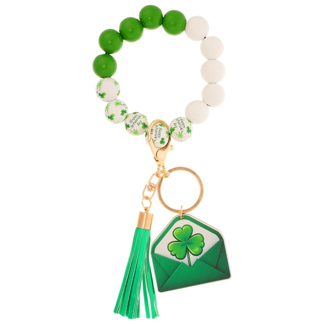 Pulsera llavero con cuentas y borla de trébol para el Día de San Patricio