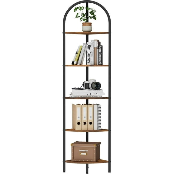 5-Tier Arched Corner Shelf Stand, Wall Corner Bookshelf with Metal Frame, Plant Stand, Industrial Storage Rack Shelf for Living Room, Bedroom, Office, Bathroom, Rustic Brown and Black