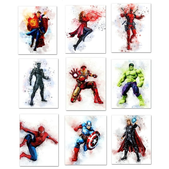 Avenger Watercolor Posters - Set of 9 (8" x 10") Anime Cartoon Wall Art Game Room Decor For Kids - Nursery, Bathroom, Playroom Decor (UNFRAMED)