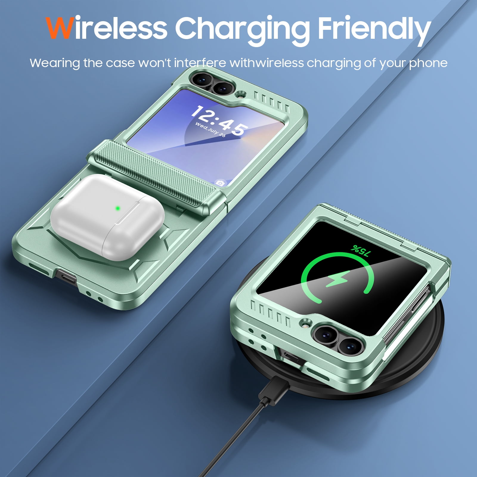 Oupeigar for Samsung Galaxy Z Flip 6/7 FE Phone Case,with Screen Protector,Wireless Charging,All-Inclusive Rugged Shockproof Phone Case-Mint green