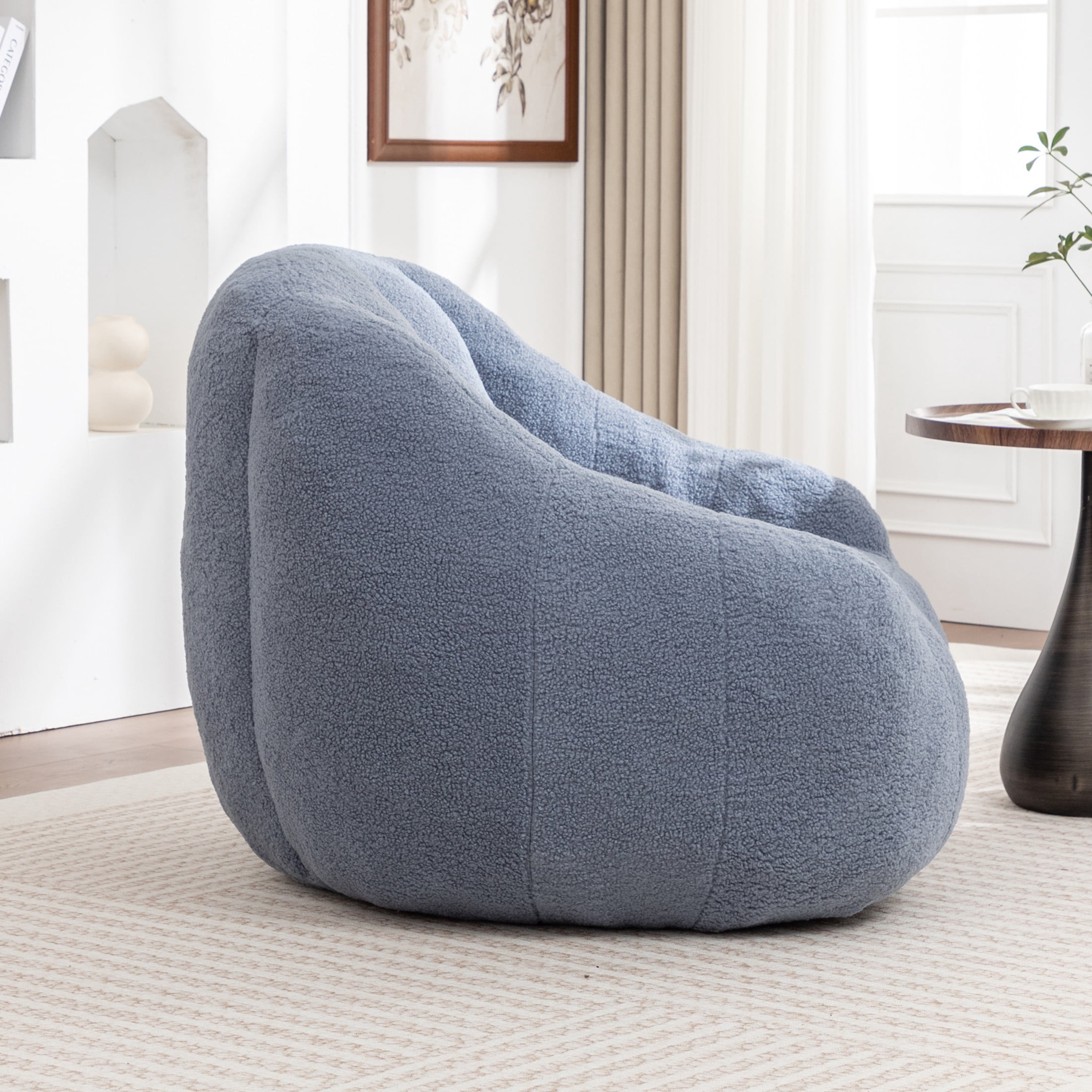 Noble House Halden Comfy Faux Fur Bean Bag Chair, Tufted Soft Memory Foam Lazy Sofa, for Living Room, Light Blue