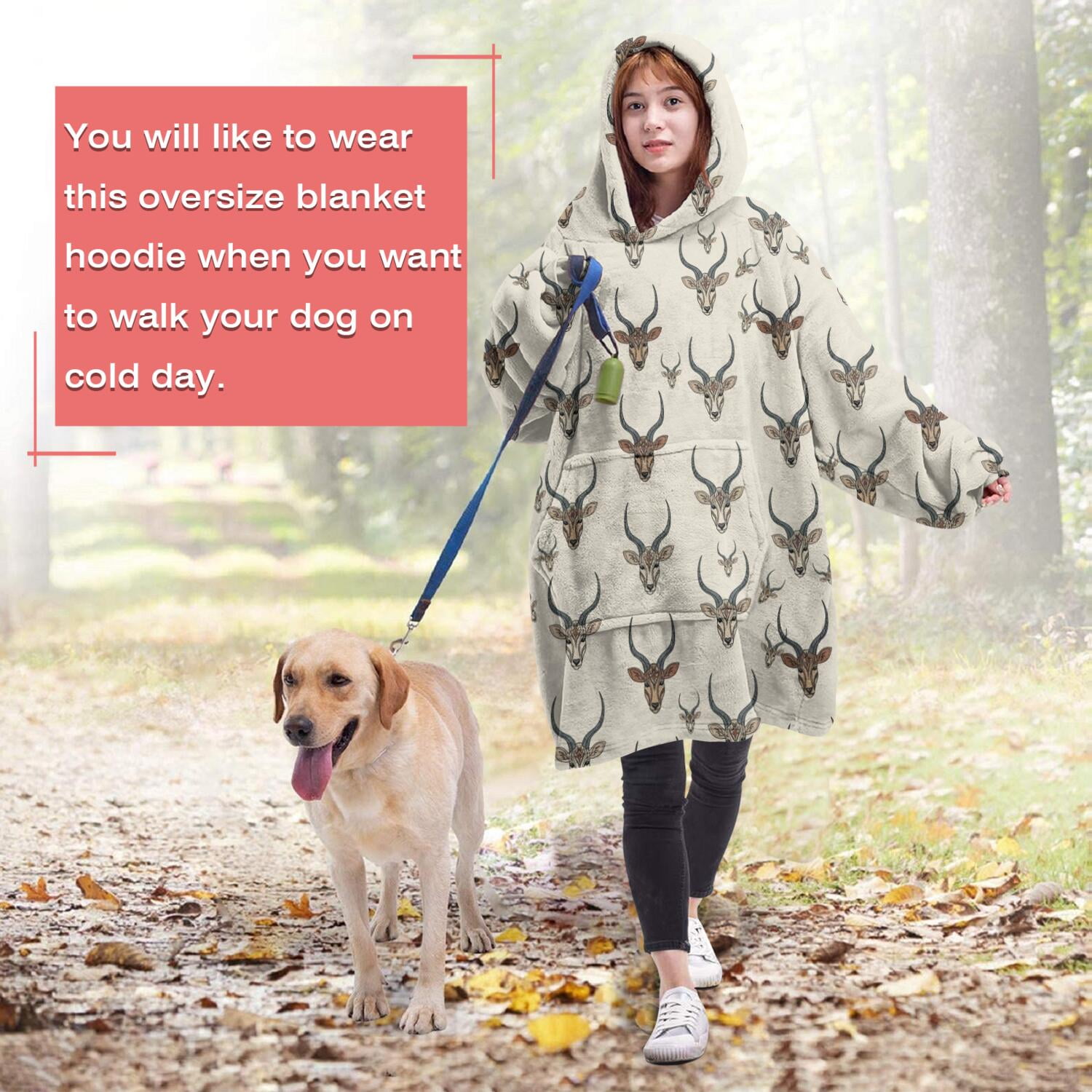 Beige Antelope Head Pattern Wearable Oversized Blanket,Wearable Blanket Hoodie for Adults,Cozy Hooded Blankets with Super Pockets,Super Warm Fuzzy Pullover for Women & Men