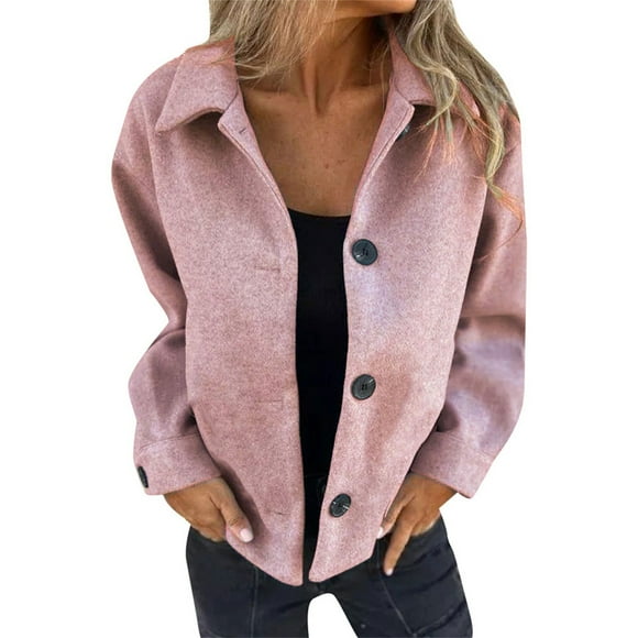 Cropped Trench Coat for Women, Comdrip Women's Casual Stand Collar Single Breasted Short Wool Pea Coat Overcoat with Pockets Short Wool Coat Women Pink L