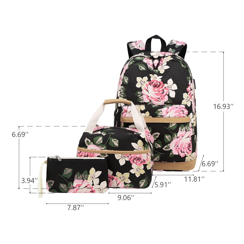 Private Jungle Teen Girl School Backpack with Lunch Box Pencil Case, 3 in 1 Canvas Student BookBag Set for Elementary School (Black Floral) Private Jungle Teen Girl School Backpack with Lunch Box Pencil Case, 3 in 1 Canvas Student BookBag Set for Elementary School (Black Floral)
