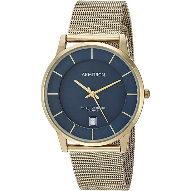 Reloj de Pulsera ARMITRON 20/5123NVGP para Hombre Correa de Malla con Función de Fecha 39mm Acero Inoxidable Movimiento de Cuarzo Japonés Resistente al Agua Dorado/Azul Armitron 20/5123NVGP