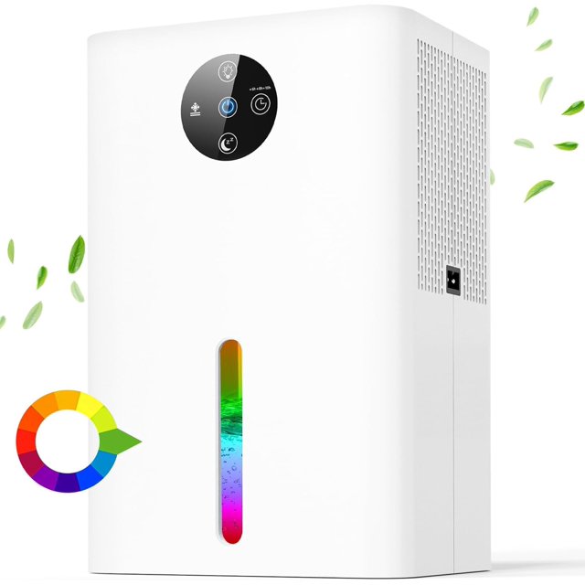 deshumidificador bapole para sótano, 1350 ml, silencioso, con apagado automático — vista frontal centrada de unidad rectangular blanca con panel táctil circular negro en la parte superior (iconos de encendido, temporizador y modo reposo), ranura vertical translúcida con luz LED multicolor visible, rejilla lateral de ventilación y asa integrada en la parte posterior; indicador de tanque lleno visible. Ideal para controlar la humedad en sótanos, baños y dormitorios.
