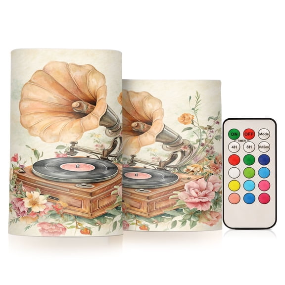 BZSMCE Flameless Candles LED Lights Gramophone with Floral Decoration Creativity Battery Candles