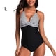thumbnail image 4 of Wosthever Traje de baño a rayas para mujer, traje de baño con cuello en V, traje de baño elástico a la moda sin espalda, ropa de playa, traje Traje de baño L, 4 of 6