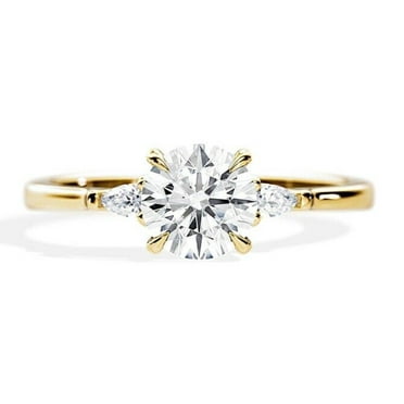 1Ct Round Cut Real Moissanite Three Stone Engagement Ring 14k Yellow Gold Finish
