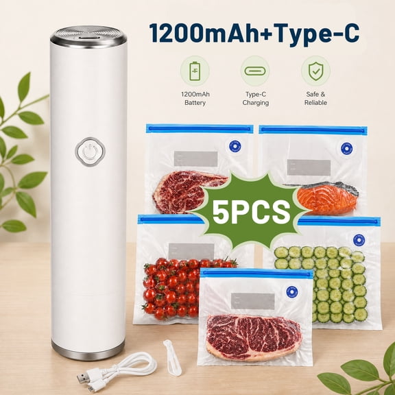 YEERSWAG® Handheld Vacuum Sealer,Portable Rechargeable 60Kpa Food Vacuum Sealer Machine,1200mAh Type-C Wireless Sealer with 5 Reusable Vacuum Bags for Meat Fruit Vegetable Sous Vide Food Storage