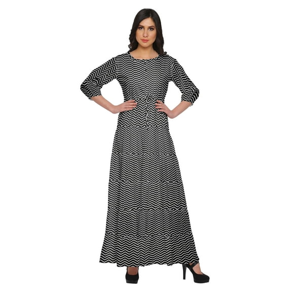Moomaya Round Neck 3/4 Sleeve Flair Maxi Dress Printed Casual Summer Clothing